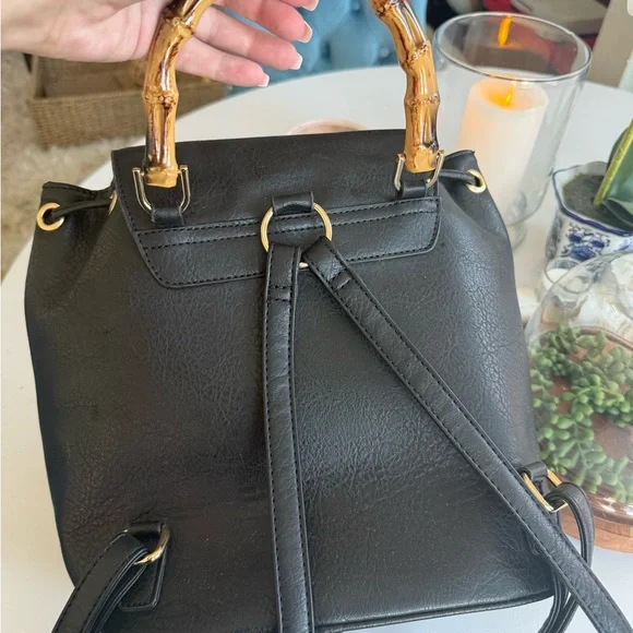 Black Leather Backpack with Bamboo Handle - Picture 2 of 5